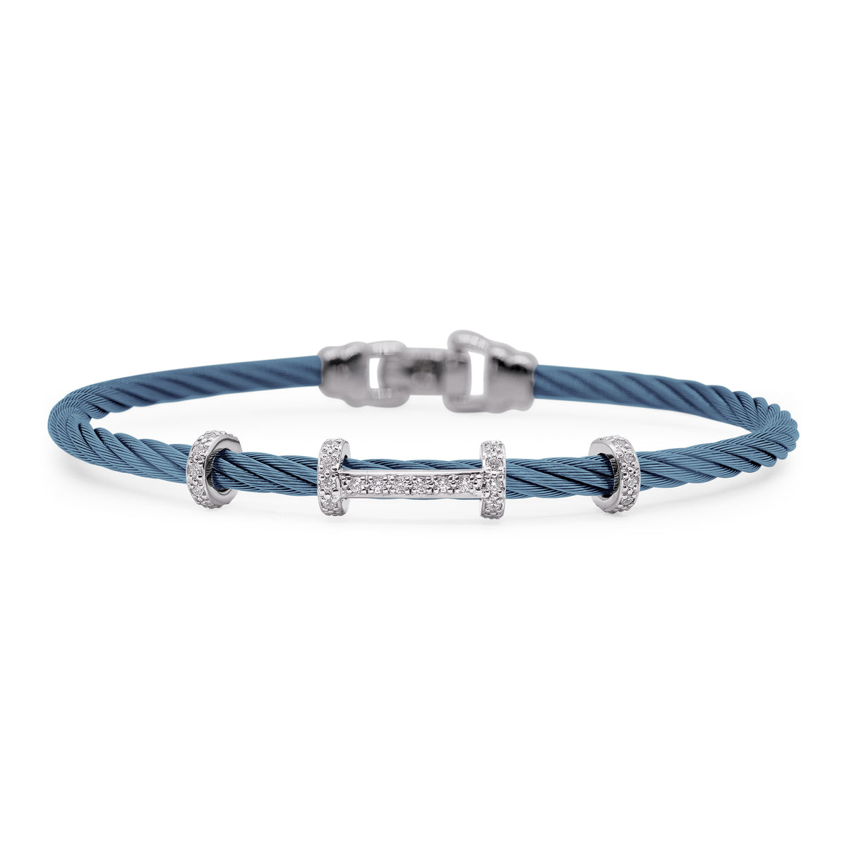 ALOR Stainless Steel and 14k White Gold Diamond Wide Halo Harmony Bracelet in Caribbean Blue