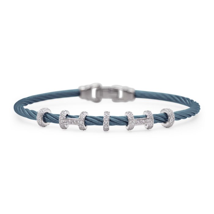 ALOR Stainless Steel and 14k White Gold Diamond Double Halo Harmony Bracelet in Caribbean Blue