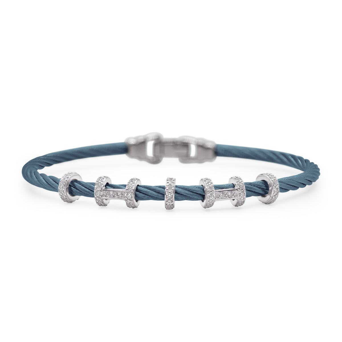 ALOR Stainless Steel and 14k White Gold Diamond Double Halo Harmony Bracelet in Caribbean Blue