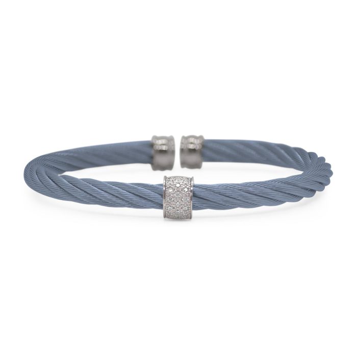 ALOR Stainless Steel and 18k White Gold Diamond 5mm Single Barrel Cuff in Caribbean Blue