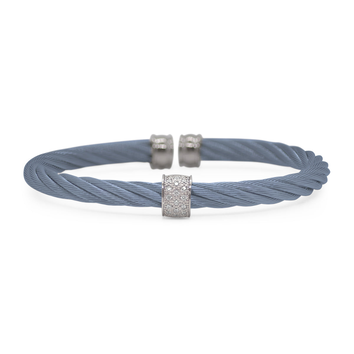 ALOR Stainless Steel and 18k White Gold Diamond 5mm Single Barrel Cuff in Caribbean Blue
