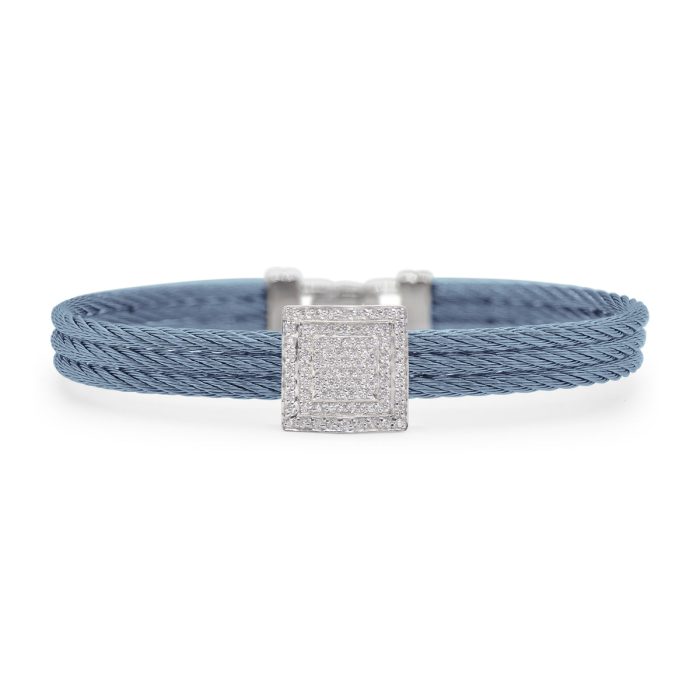 ALOR Stainless Steel and 18k White Gold Diamond Square Station Bangle in Caribbean Blue