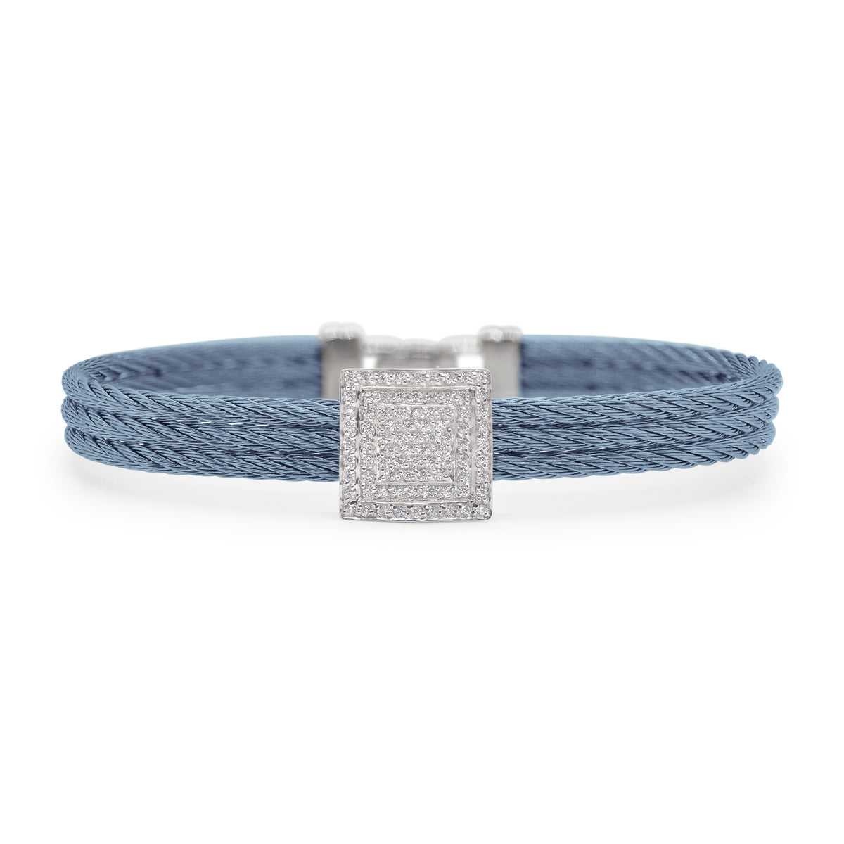 ALOR Stainless Steel and 18k White Gold Diamond Square Station Bangle in Caribbean Blue