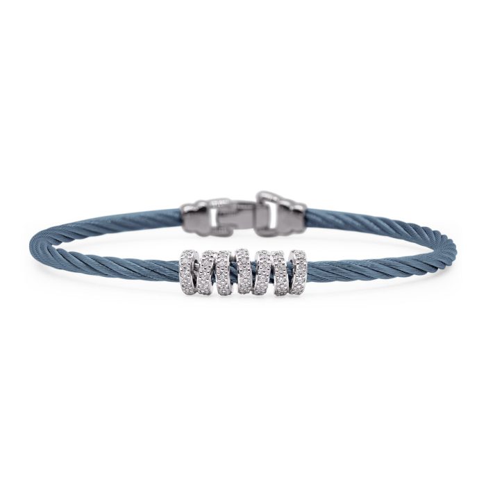 ALOR Stainless Steel and 14k White Gold Diamond Wide Halo Bracelet in Caribbean Blue