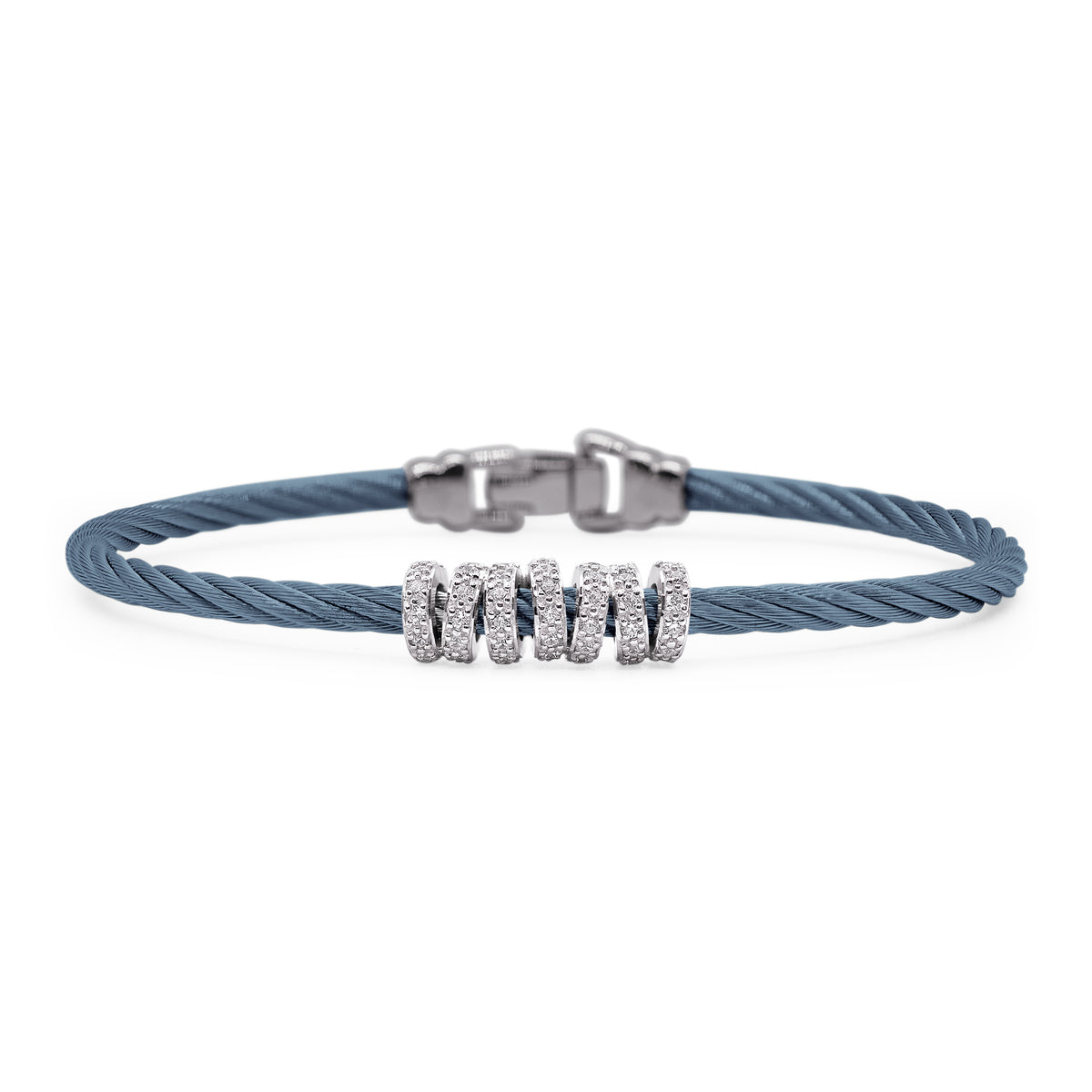 ALOR Stainless Steel and 14k White Gold Diamond Wide Halo Bracelet in Caribbean Blue