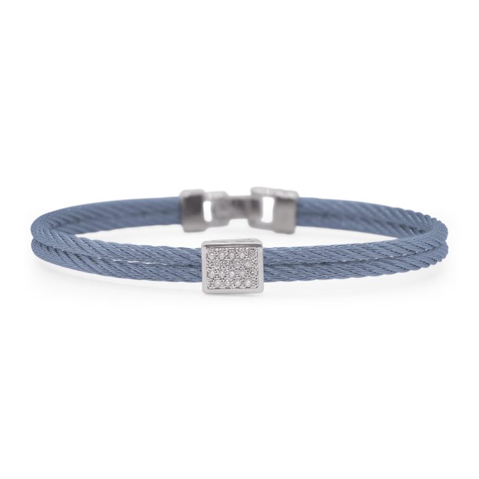 ALOR Stainless Steel and 18k White Gold Diamond Single Cube Station Bangle in Caribbean Blue