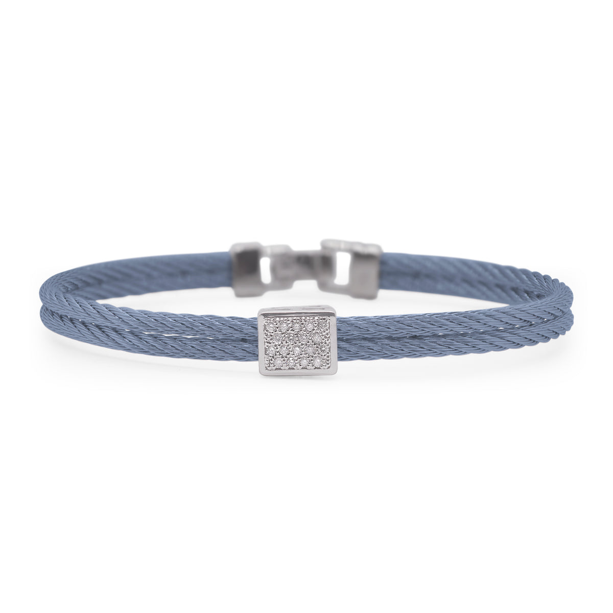 ALOR Stainless Steel and 18k White Gold Diamond Single Cube Station Bangle in Caribbean Blue
