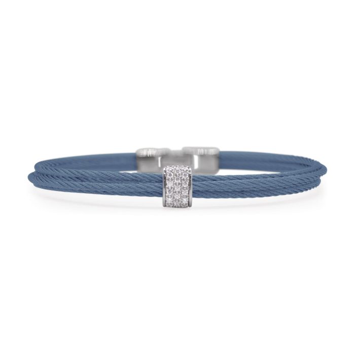 ALOR Simple Stack Stainless Steel and 18k White Gold Diamond Caribbean Blue Cable Bracelet