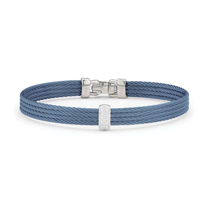 ALOR Barred Stainless Steel and 18k White Gold Diamond Caribbean Blue Cable Bracelet