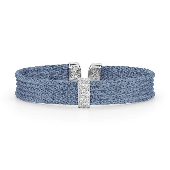 ALOR Single Station Stainless Steel and 18k White Gold Diamond Caribbean Blue Mini Cuff