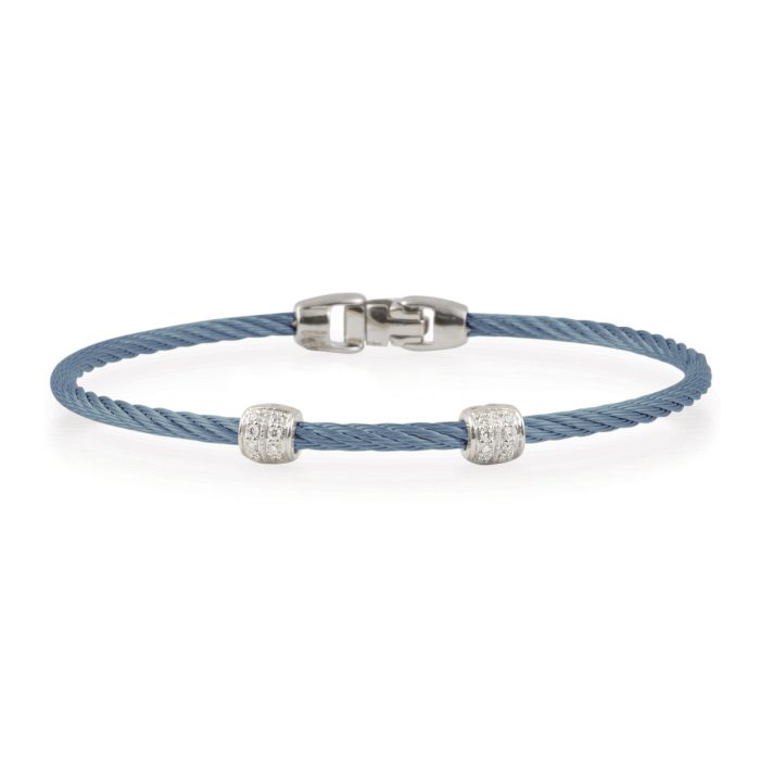 ALOR Double Barrel Stainless Steel and 18k White Gold Diamond Caribbean Blue Cable Bracelet