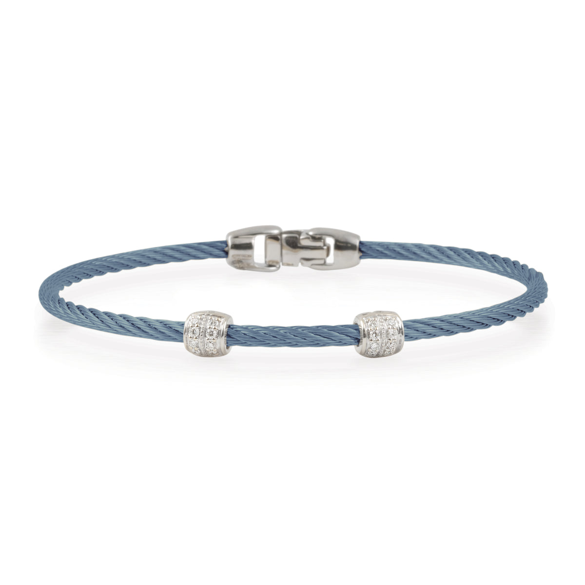 ALOR Double Barrel Stainless Steel and 18k White Gold Diamond Caribbean Blue Cable Bracelet