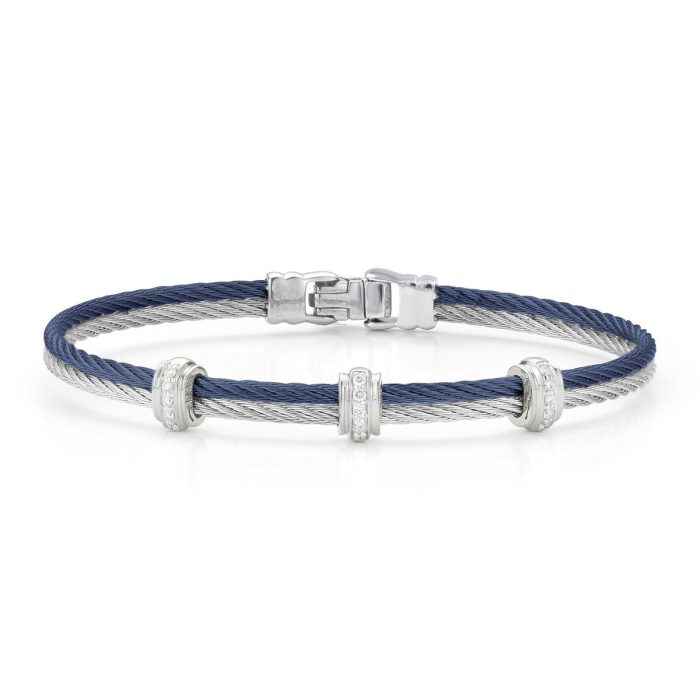 ALOR Fused Triple Station Stainless Steel and 18k White Gold Diamond Navy and Grey Cable Bracelet