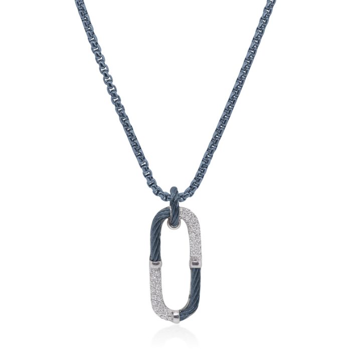 ALOR Stainless Steel and 14k White Gold Diamond Cable Clip Pendant Necklace in Blueberry