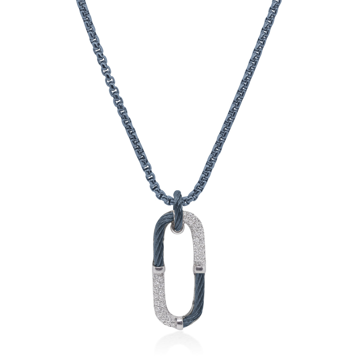 ALOR Stainless Steel and 14k White Gold Diamond Cable Clip Pendant Necklace in Blueberry
