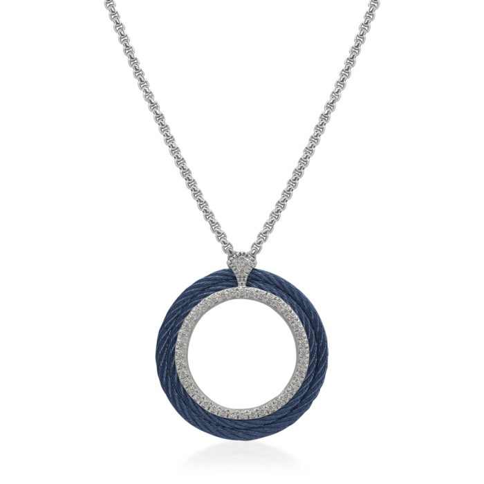 ALOR Large Open Circle Stainless Steel and 18k White Gold Diamond Blueberry Cable Necklace