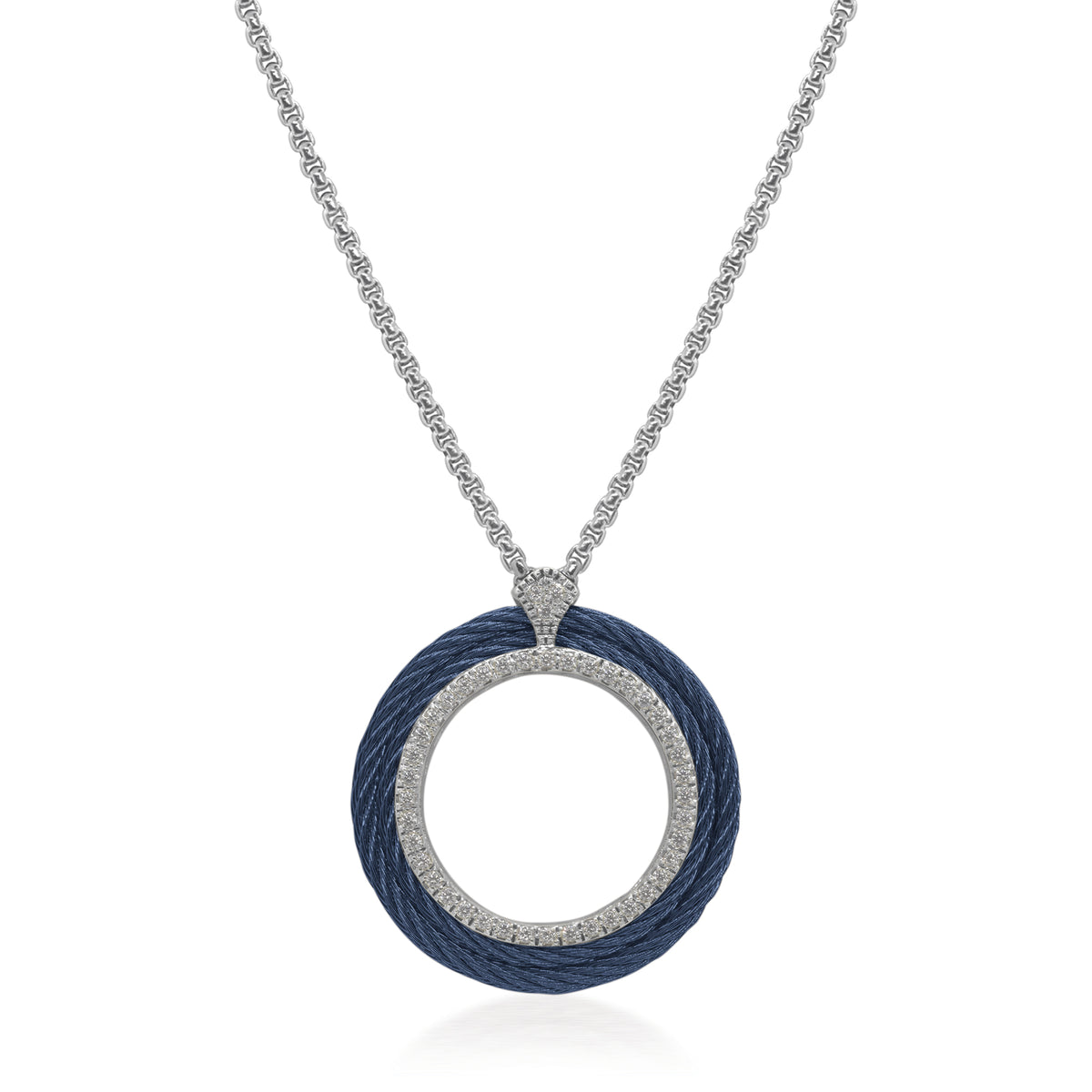 ALOR Large Open Circle Stainless Steel and 18k White Gold Diamond Blueberry Cable Necklace
