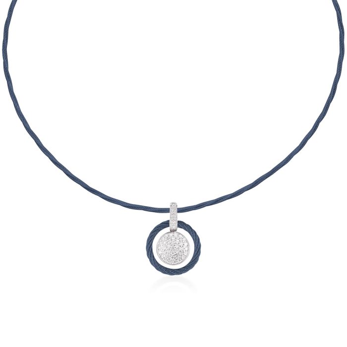 ALOR Stainless Steel and 14k White Gold Diamond Disc Necklace in Blueberry