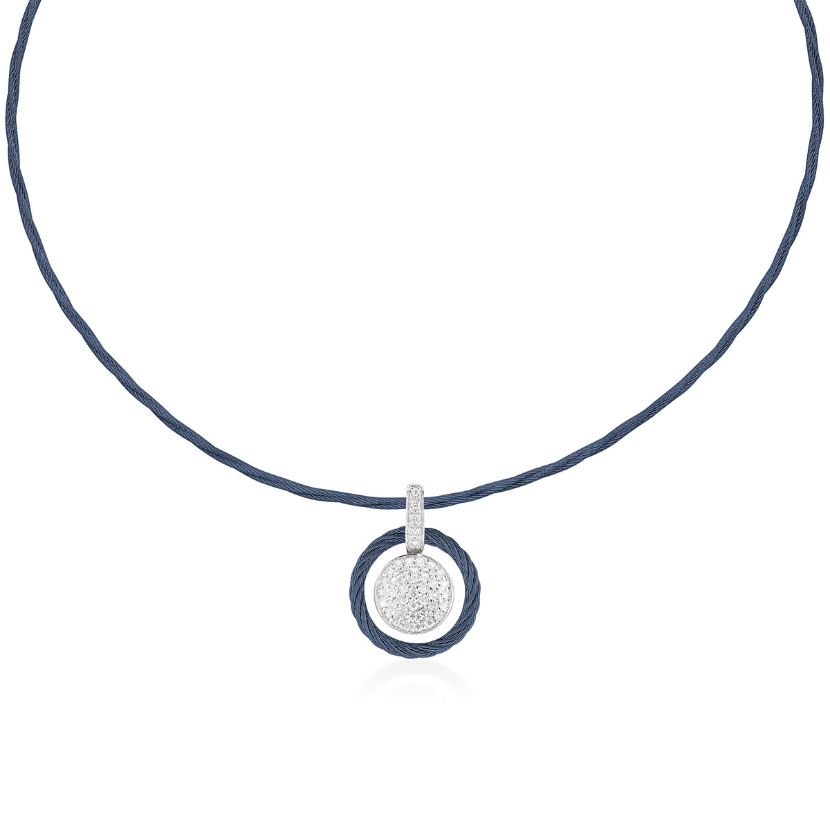 ALOR Stainless Steel and 14k White Gold Diamond Disc Necklace in Blueberry
