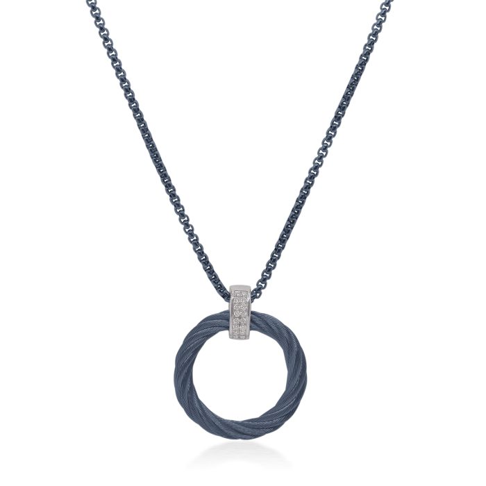 ALOR 14k White Gold and Blueberry Stainless Steel Diamond Open Circle Necklace