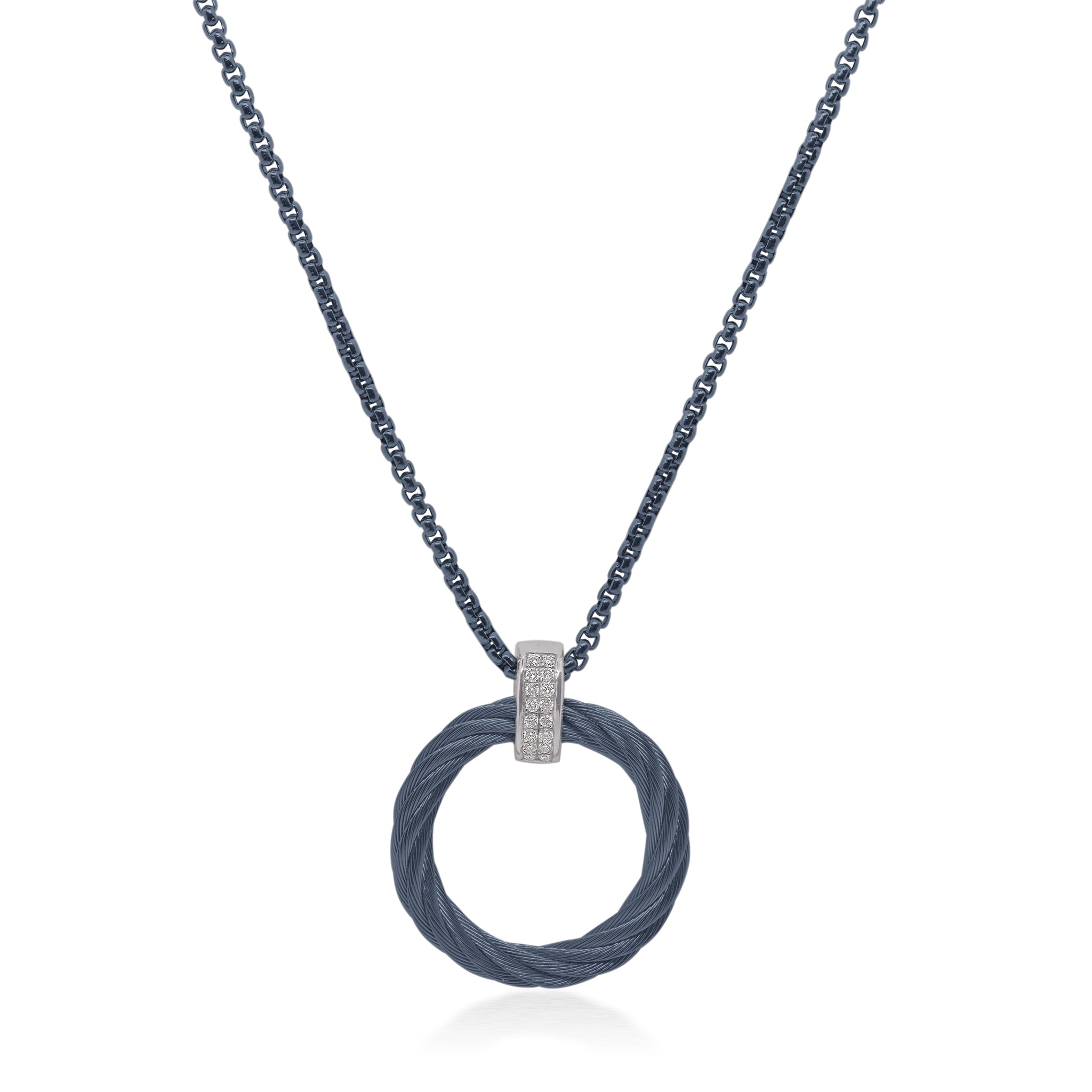 ALOR 14k White Gold and Blueberry Stainless Steel Diamond Open Circle Necklace