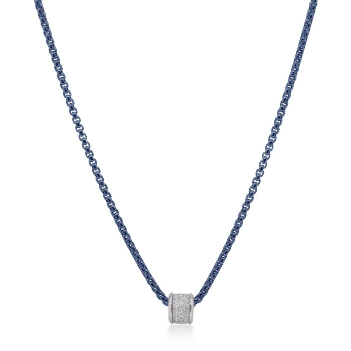 ALOR Barrel Chain Stainless Steel and 14k White Gold Diamond Blueberry Necklace