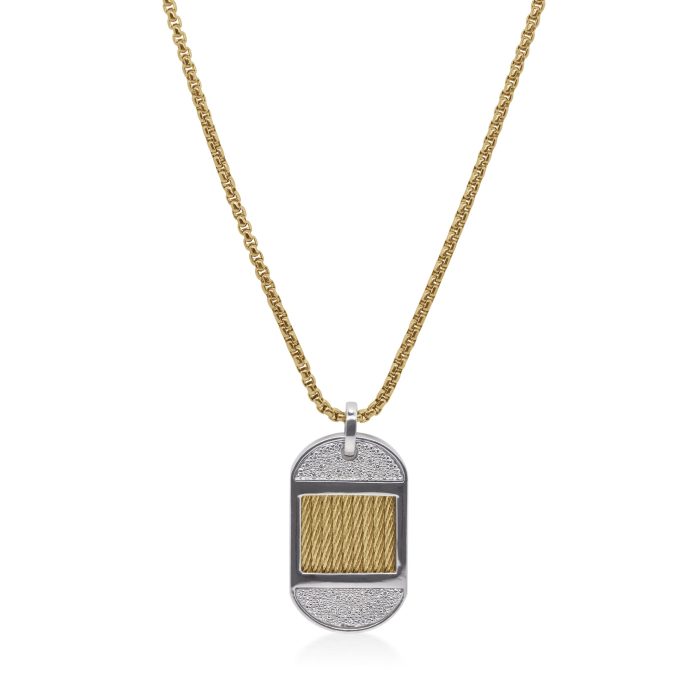 ALOR Stainless Steel and 14k White Gold Diamond Dog Tag Necklace in Yellow