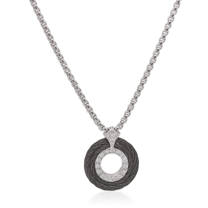 ALOR Petite Open Circle Stainless Steel and 14k White Gold Diamond Black and Grey Necklace