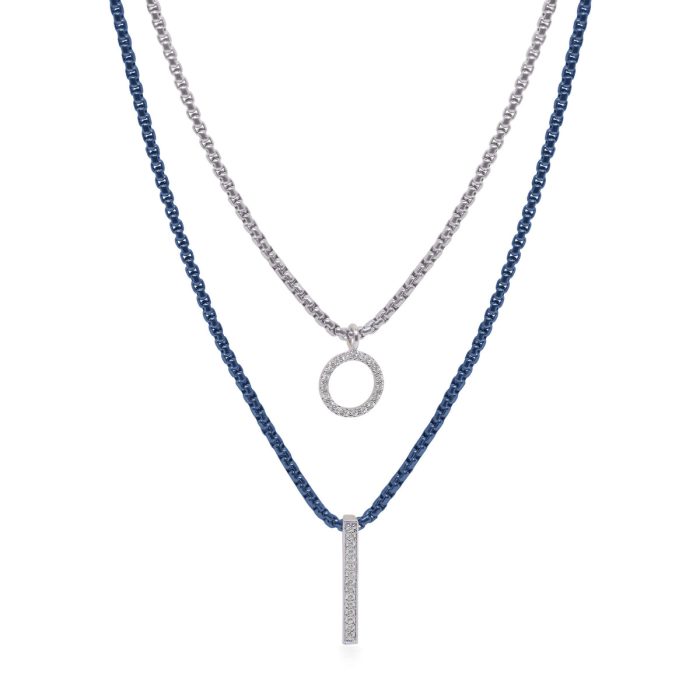 ALOR Double Layered Stainless Steel and 14k White Gold Diamond Blueberry and Grey Necklace