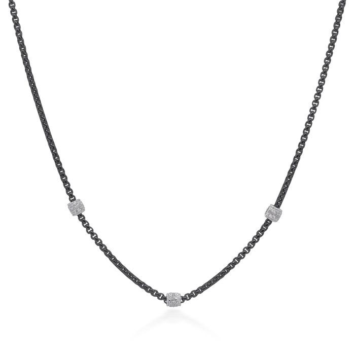 ALOR Stainless Steel and 14k White Gold Black Three-Station Necklace