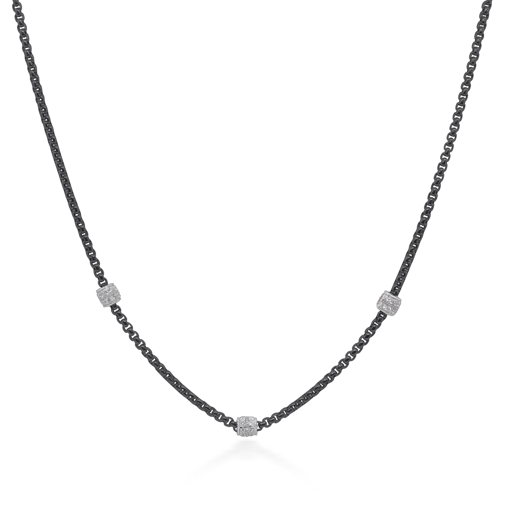 ALOR Stainless Steel and 14k White Gold Black Three-Station Necklace