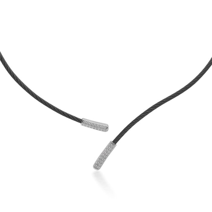ALOR Black Stainless Steel and 18k White Gold Cable Necklace