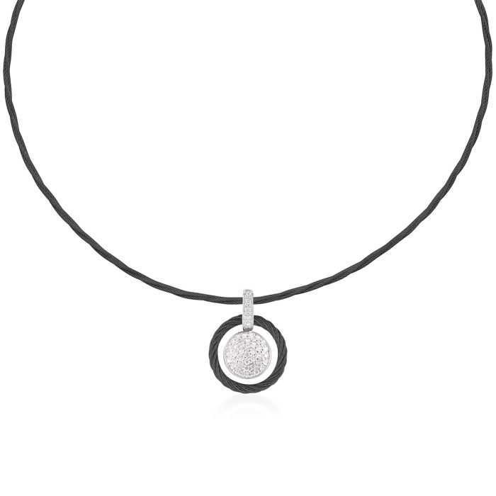 ALOR Stainless Steel and 18k White Gold Diamond Disc Necklace in Black