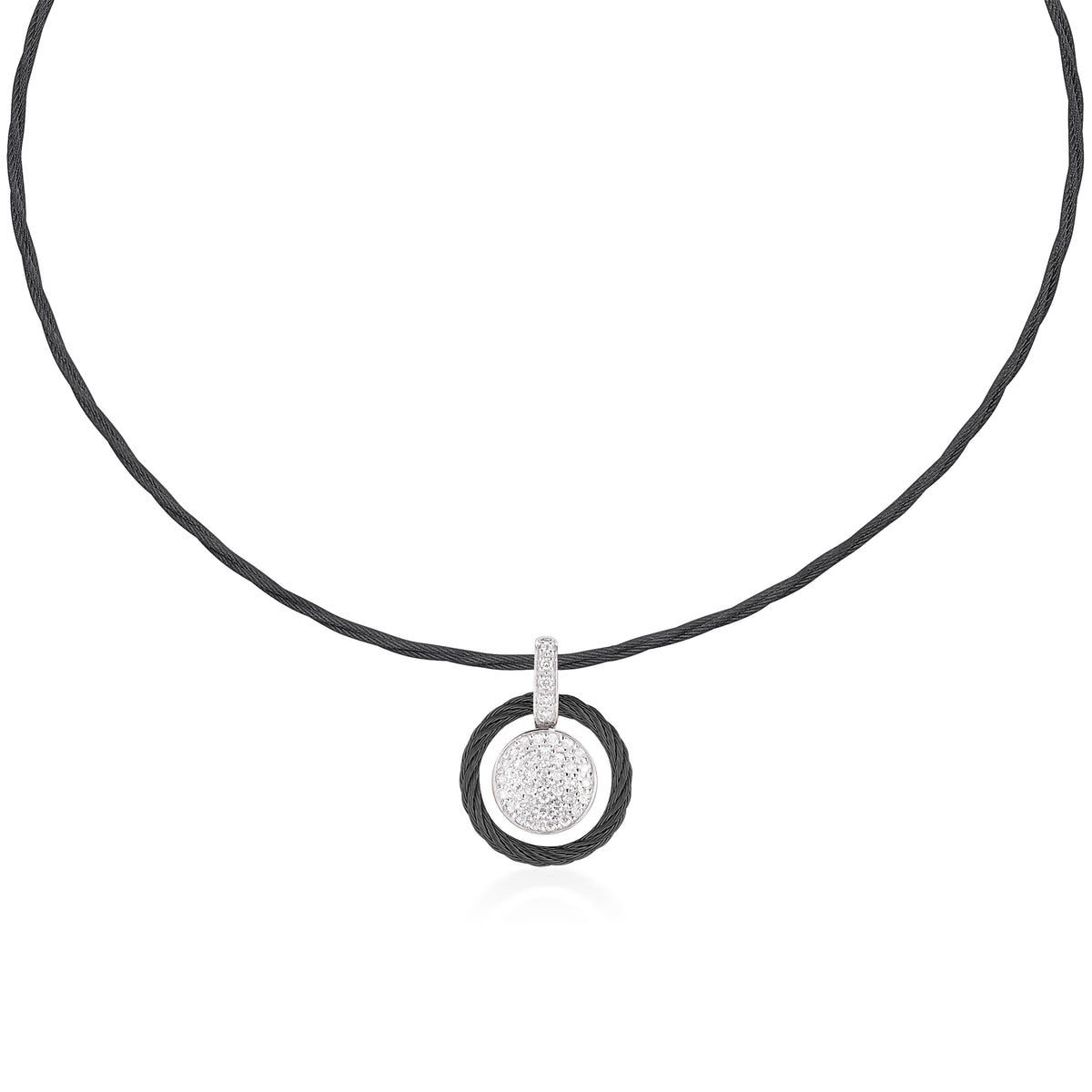 ALOR Stainless Steel and 18k White Gold Diamond Disc Necklace in Black