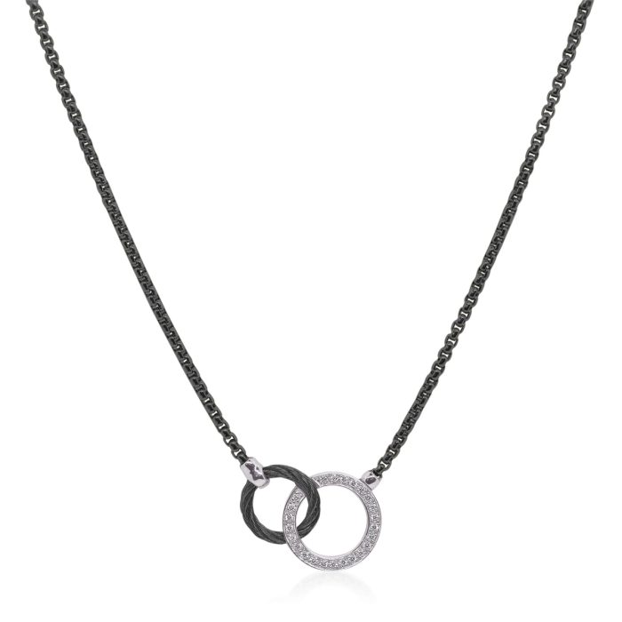 ALOR Stainless Steel and 14k White Gold Diamond Interlocking Circle Necklace in Black