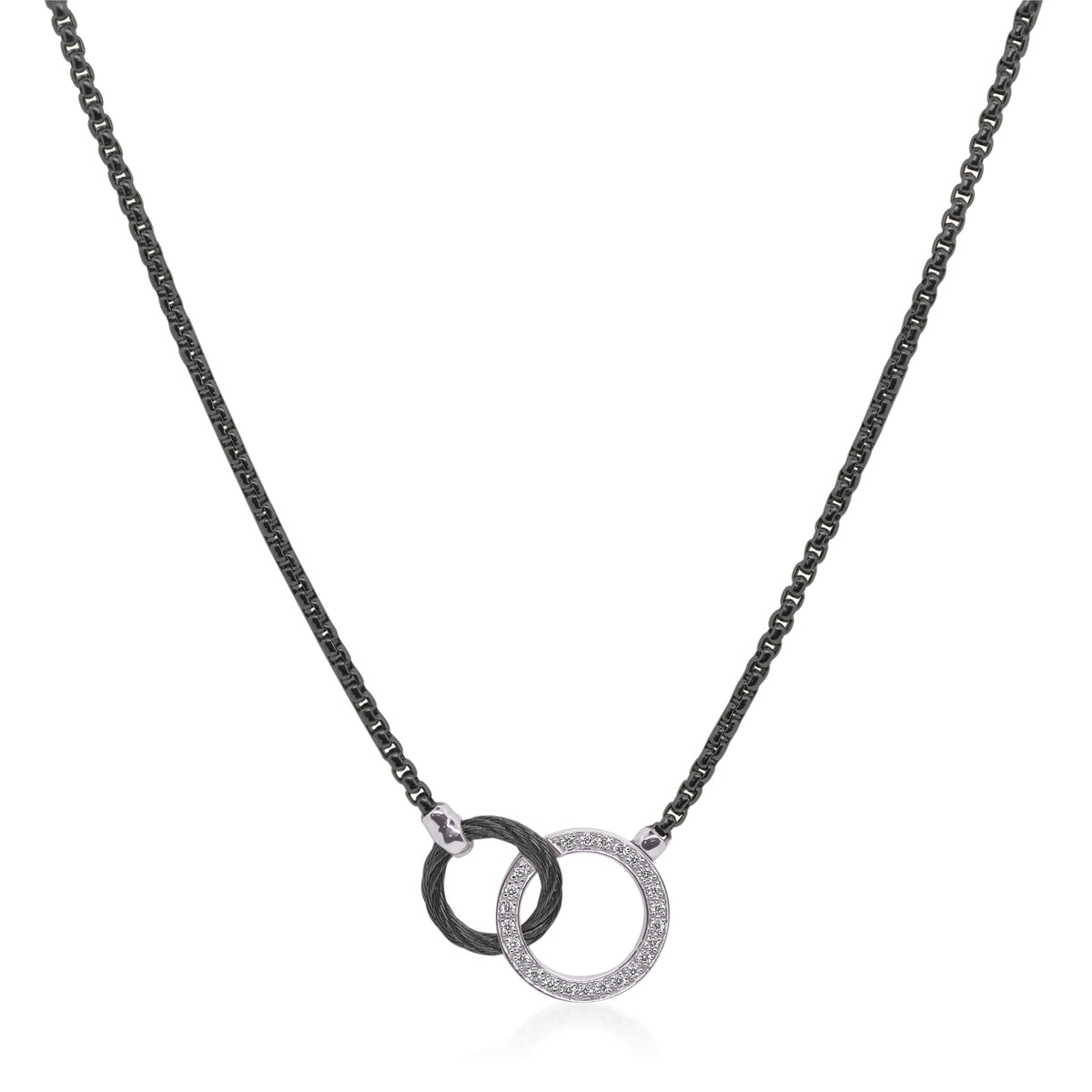 ALOR Stainless Steel and 14k White Gold Diamond Interlocking Circle Necklace in Black