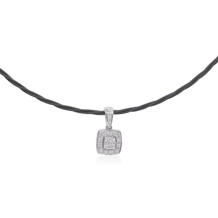 ALOR Stainless Steel and 14k White Gold Diamond Cushion Pendant Necklace in Black