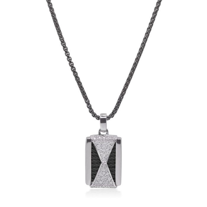 ALOR Stainless Steel and 14k White Gold Diamond ID Tag Hourglass Necklace in Black