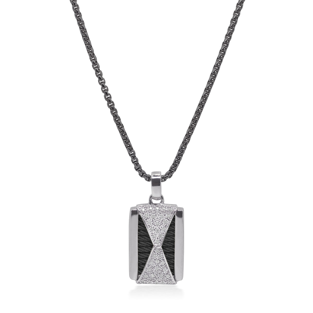 ALOR Stainless Steel and 14k White Gold Diamond ID Tag Hourglass Necklace in Black