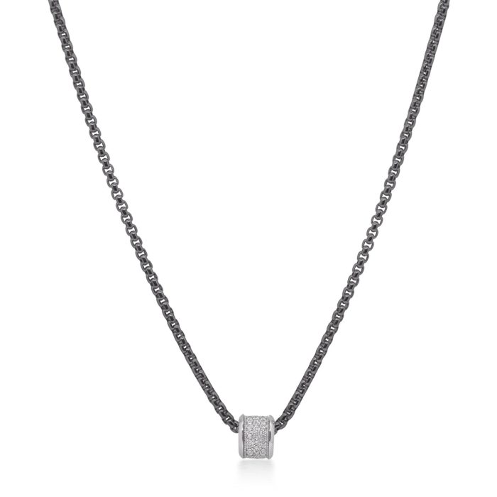 ALOR Stainless Steel and 14k White Gold Diamond Barrel Chain Necklace in Black