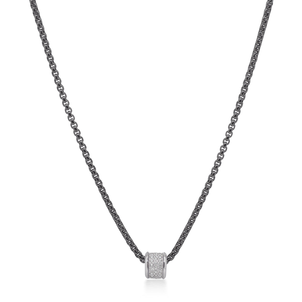 ALOR Stainless Steel and 14k White Gold Diamond Barrel Chain Necklace in Black