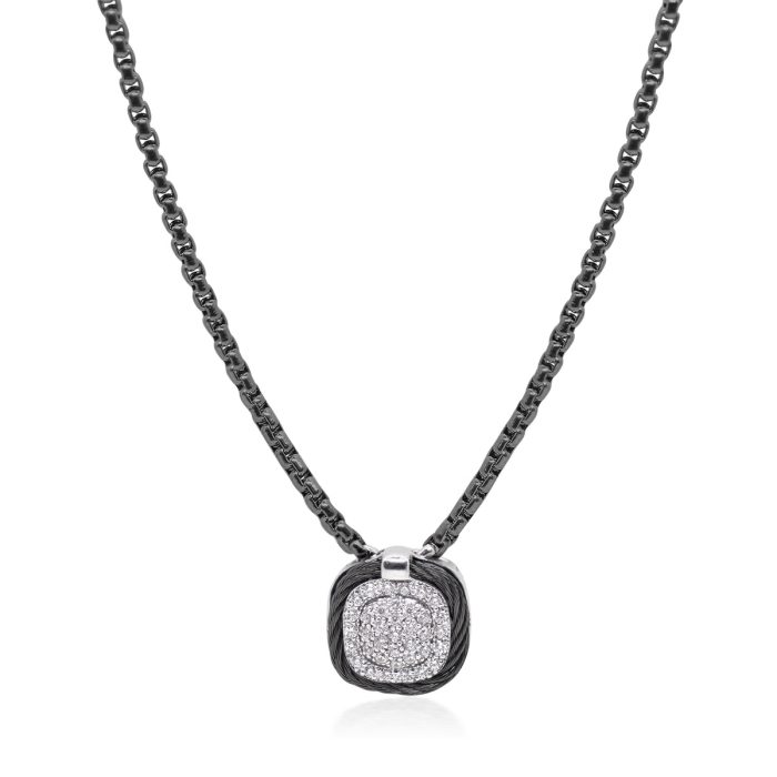 ALOR Stainless Steel and 14k White Gold Diamond Square Pave Double Frame Necklace in Black