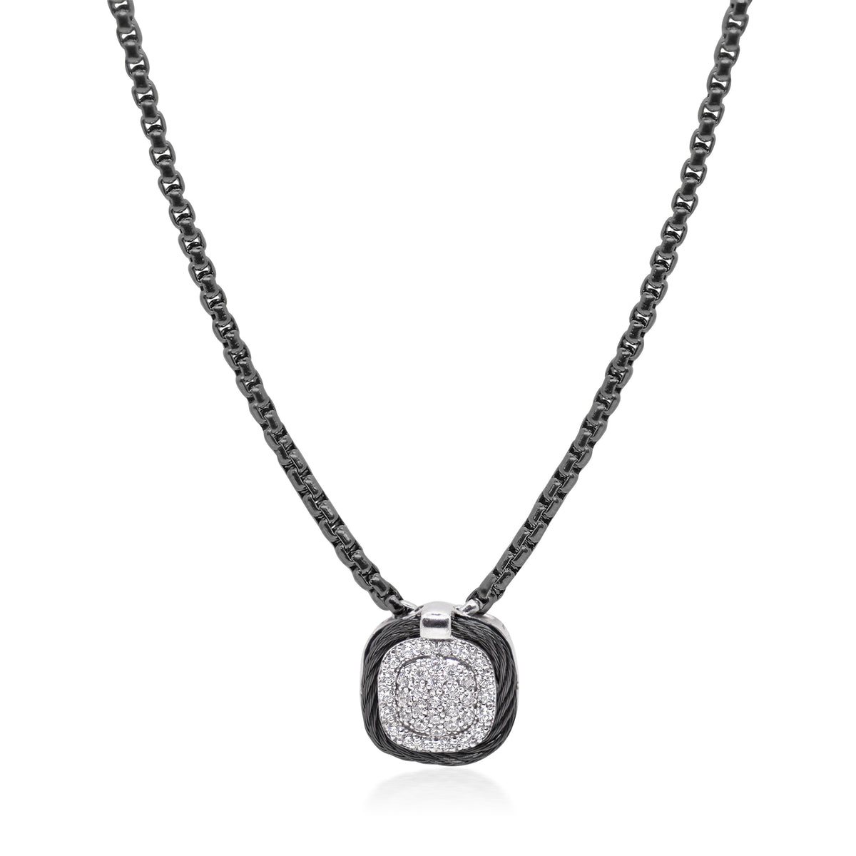 ALOR Stainless Steel and 14k White Gold Diamond Square Pave Double Frame Necklace in Black