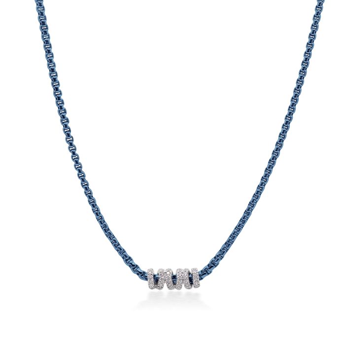 ALOR 14k White Gold and Caribbean Blue Stainless Steel Diamond Halo Chain Necklace
