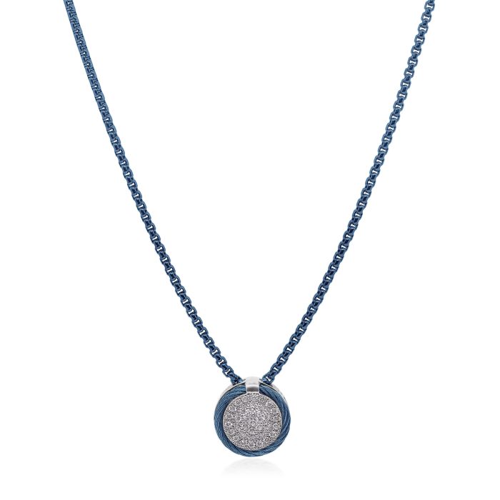 ALOR Stainless Steel and 14k White Gold Diamond Round Pave Double Frame Necklace in Caribbean Blue