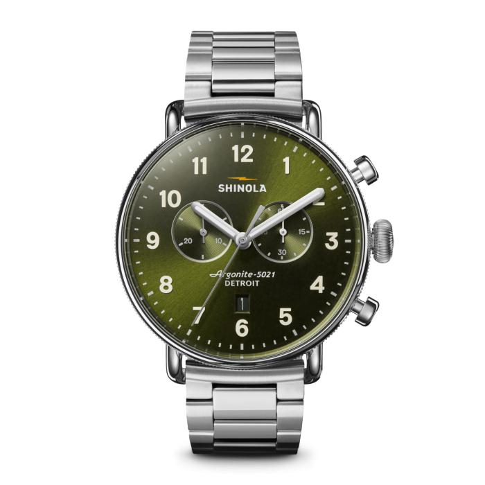 Shinola Canfield Chronograph 43mm Dark Olive Dial Stainless Steel Bracelet