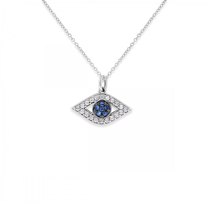 14k Diamond And Blue Sapphire Evil Eye Necklace