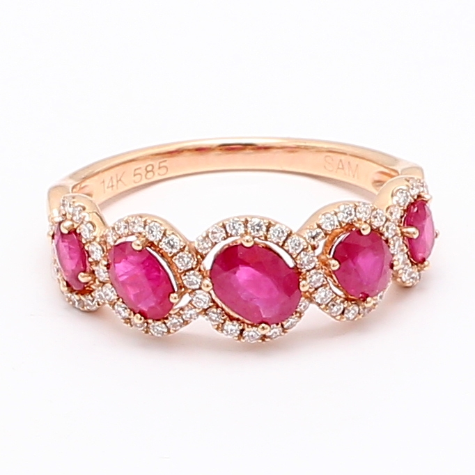 14K Rose Gold Five-Stone Oval Ruby and Diamond Band, 0.25 ct tw