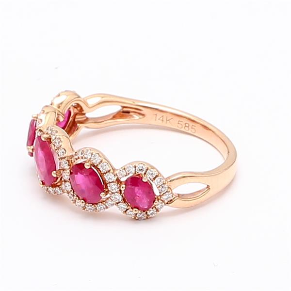 14K Rose Gold Five-Stone Oval Ruby and Diamond Band, 0.25 ct tw