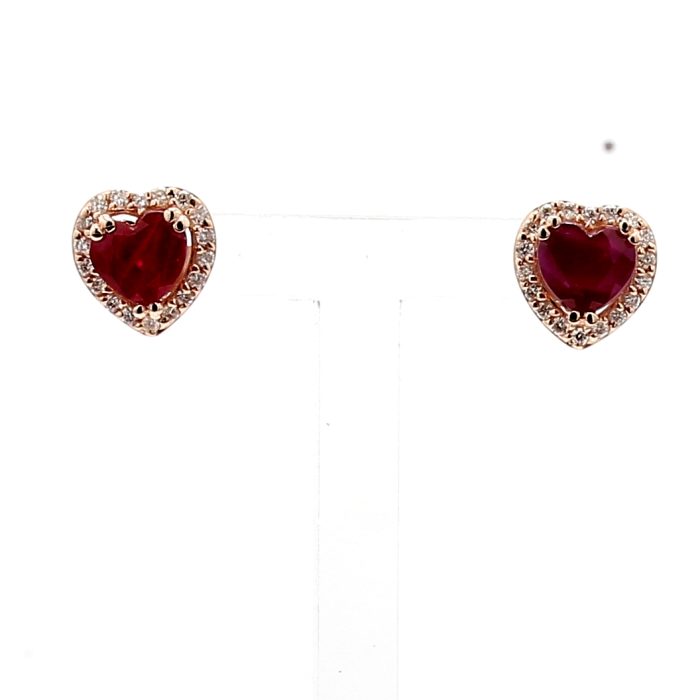 14K Rose Gold Heart-Shaped Ruby and Diamond Earrings